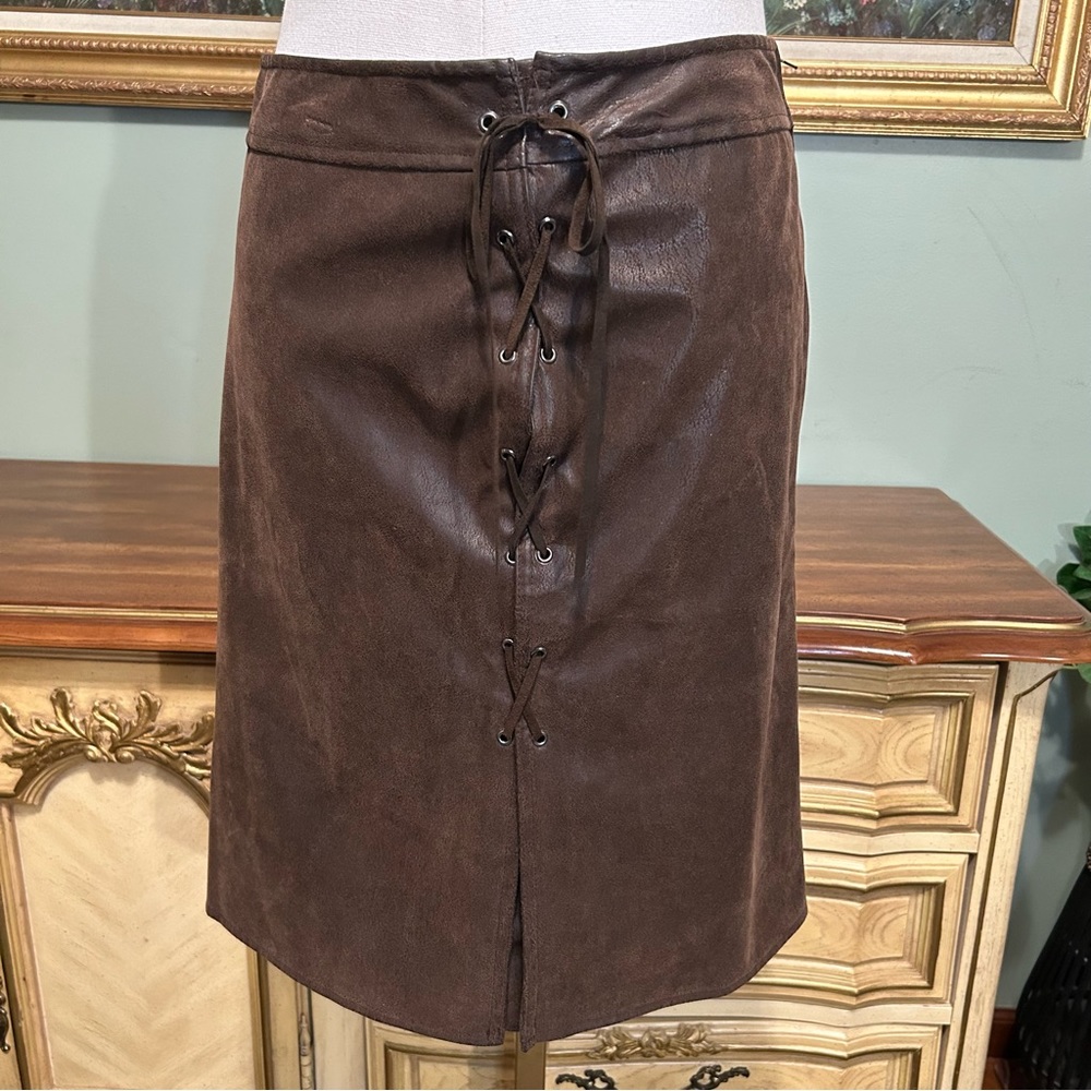 United Colors of Benetton Brown Lace Up Tie Front Faux Western Leather Skirt